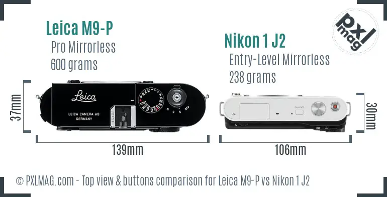 Leica M9-P vs Nikon 1 J2 top view buttons comparison