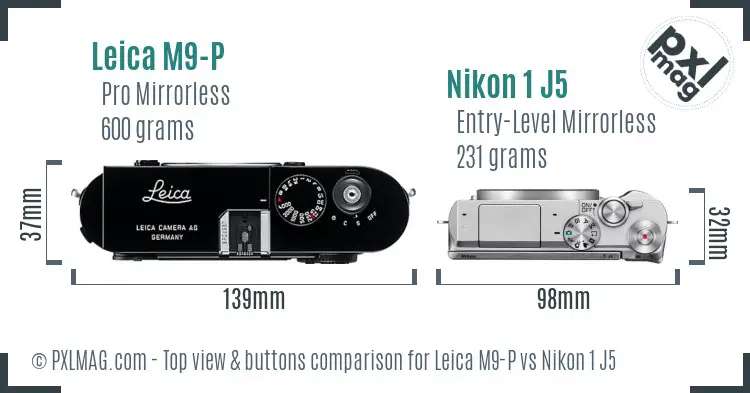 Leica M9-P vs Nikon 1 J5 top view buttons comparison