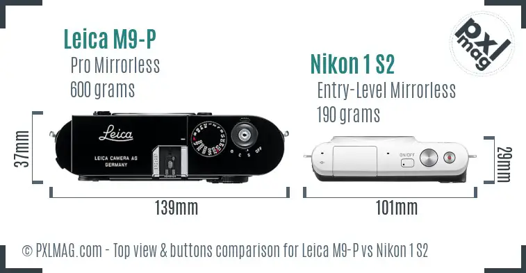Leica M9-P vs Nikon 1 S2 top view buttons comparison