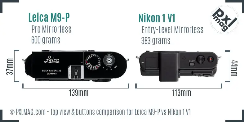 Leica M9-P vs Nikon 1 V1 top view buttons comparison