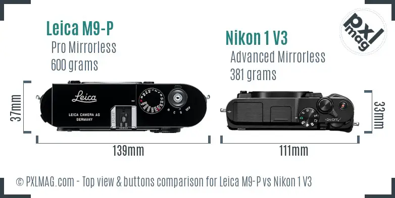 Leica M9-P vs Nikon 1 V3 top view buttons comparison