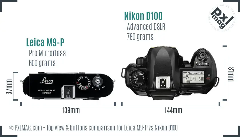 Leica M9-P vs Nikon D100 top view buttons comparison