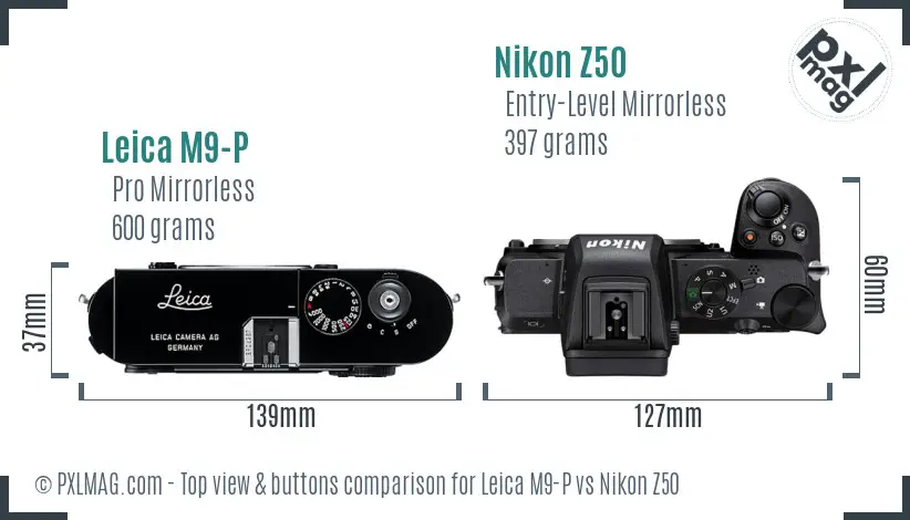 Leica M9-P vs Nikon Z50 top view buttons comparison