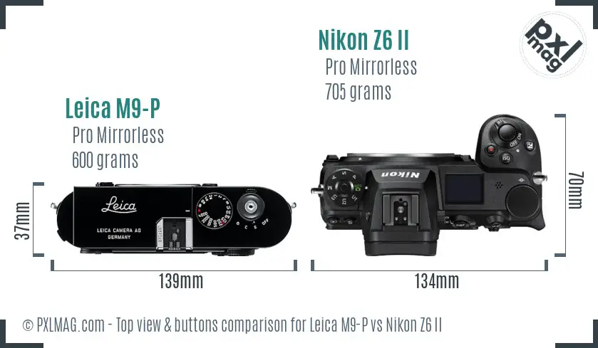 Leica M9-P vs Nikon Z6 II top view buttons comparison