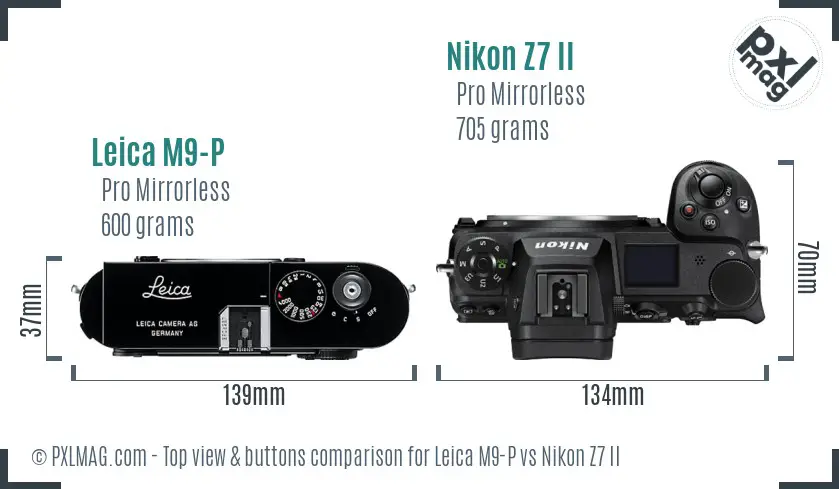 Leica M9-P vs Nikon Z7 II top view buttons comparison