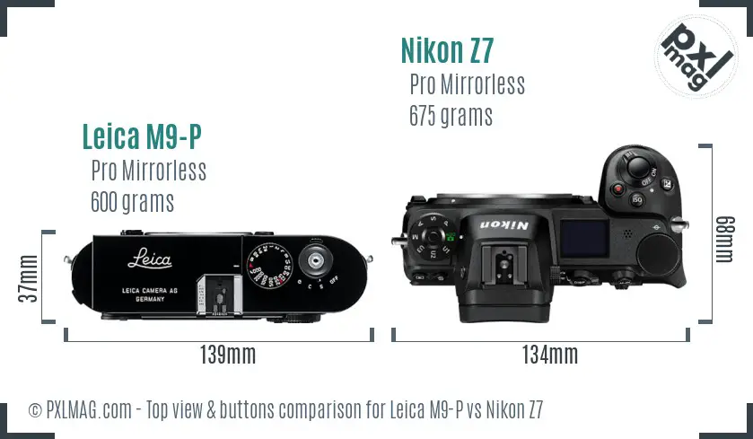 Leica M9-P vs Nikon Z7 top view buttons comparison