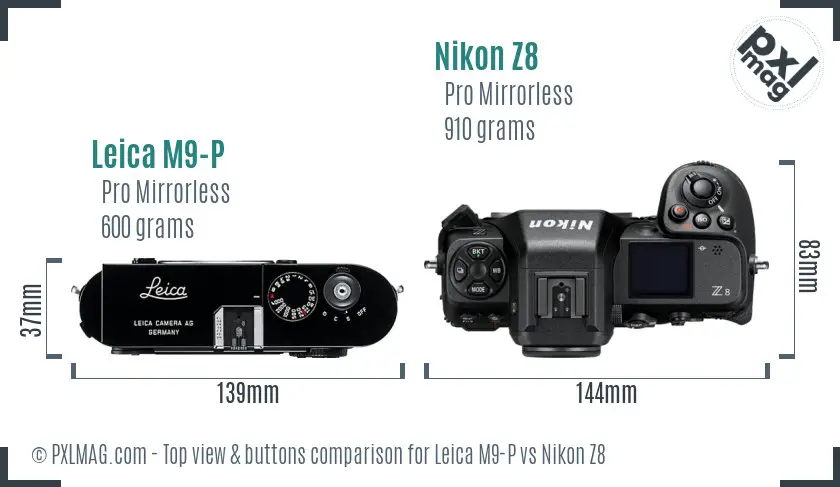 Leica M9-P vs Nikon Z8 top view buttons comparison Leica M9-P vs Nikon Z8 top view buttons comparison