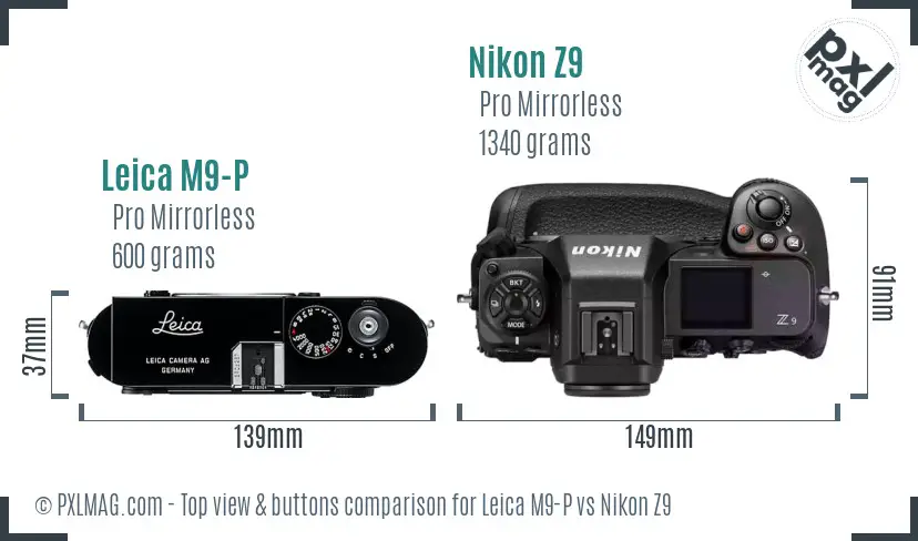 Leica M9-P vs Nikon Z9 top view buttons comparison