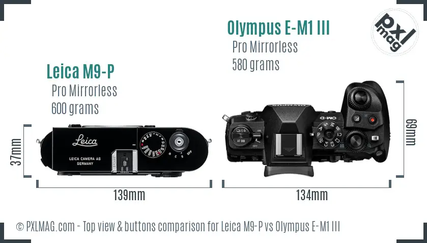 Leica M9-P vs Olympus E-M1 III top view buttons comparison