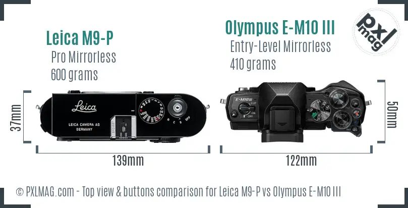 Leica M9-P vs Olympus E-M10 III top view buttons comparison