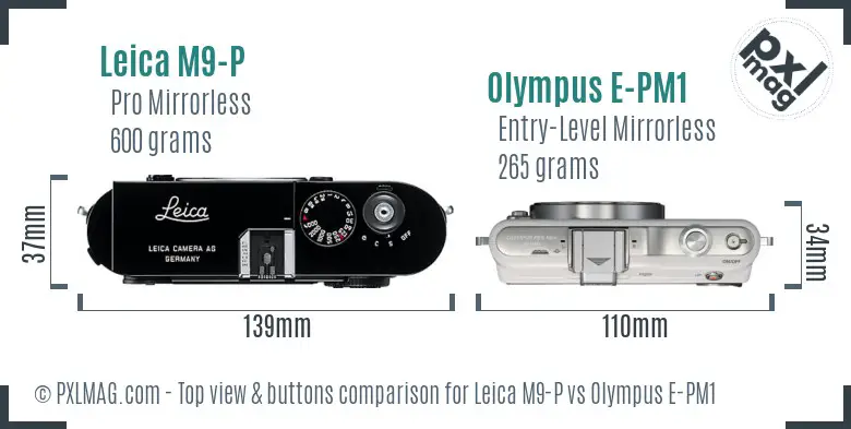 Leica M9-P vs Olympus E-PM1 top view buttons comparison