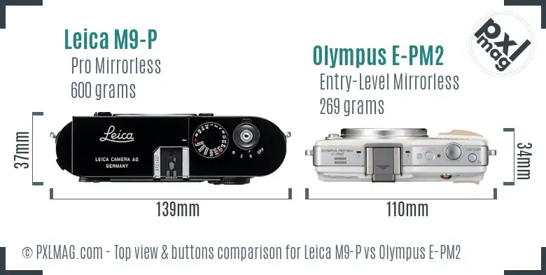 Leica M9-P vs Olympus E-PM2 top view buttons comparison