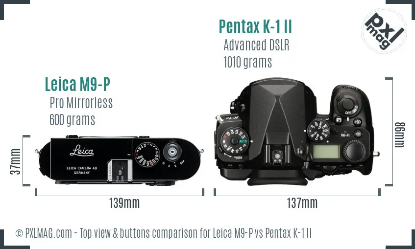 Leica M9-P vs Pentax K-1 II top view buttons comparison