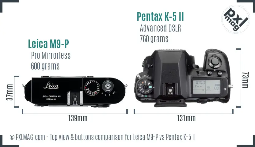 Leica M9-P vs Pentax K-5 II top view buttons comparison