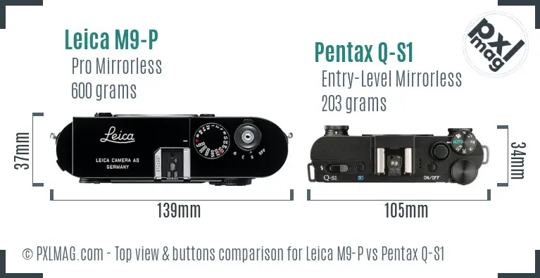 Leica M9-P vs Pentax Q-S1 top view buttons comparison