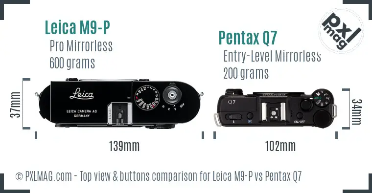 Leica M9-P vs Pentax Q7 top view buttons comparison