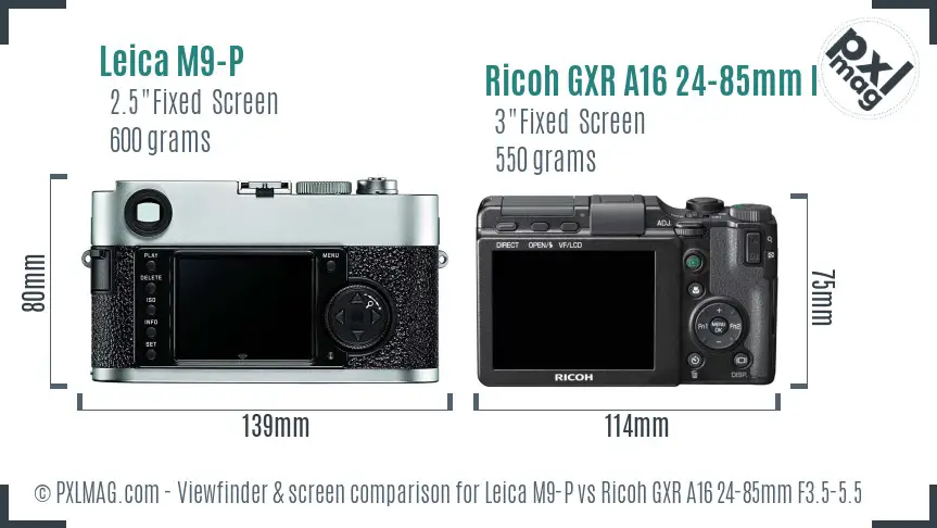 Leica M9-P vs Ricoh GXR A16 24-85mm F3.5-5.5 Screen and Viewfinder comparison