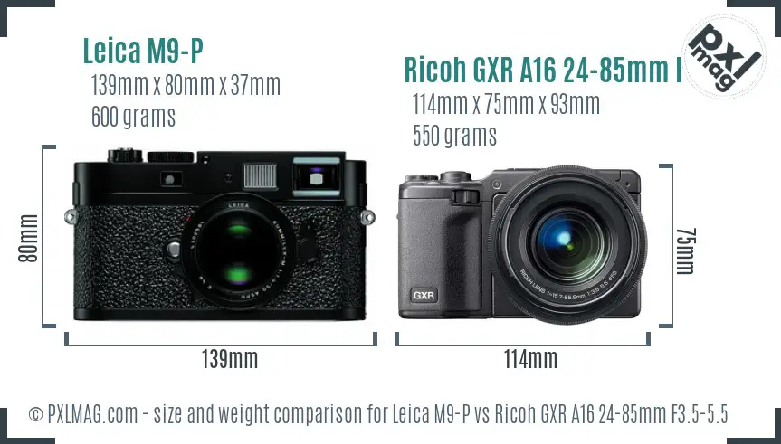 Leica M9-P vs Ricoh GXR A16 24-85mm F3.5-5.5 size comparison