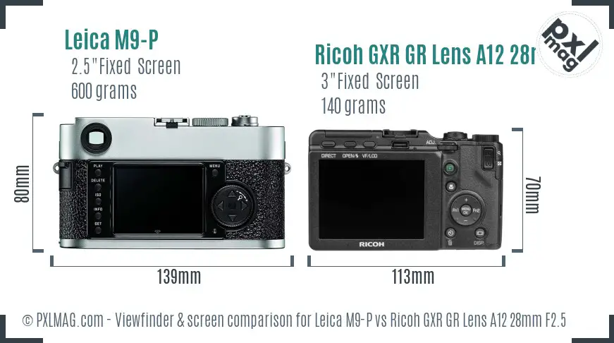 Leica M9-P vs Ricoh GXR GR Lens A12 28mm F2.5 Screen and Viewfinder comparison