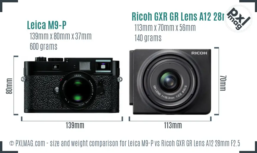 Leica M9-P vs Ricoh GXR GR Lens A12 28mm F2.5 size comparison