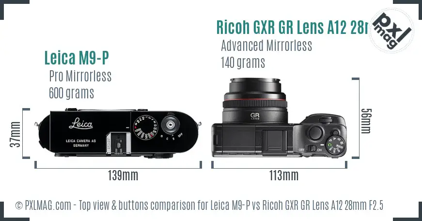 Leica M9-P vs Ricoh GXR GR Lens A12 28mm F2.5 top view buttons comparison