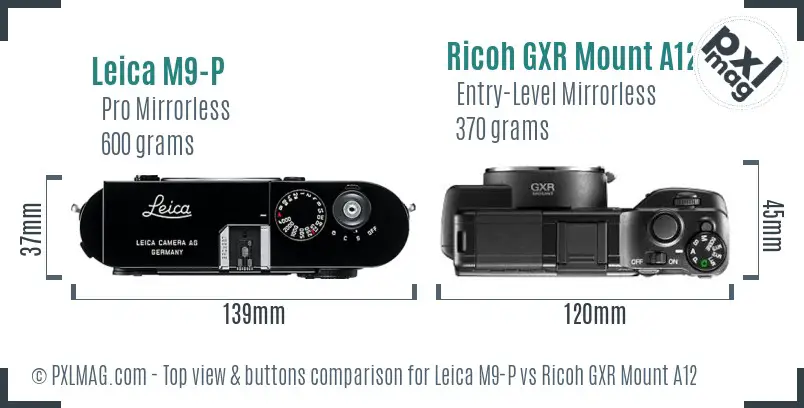 Leica M9-P vs Ricoh GXR Mount A12 top view buttons comparison