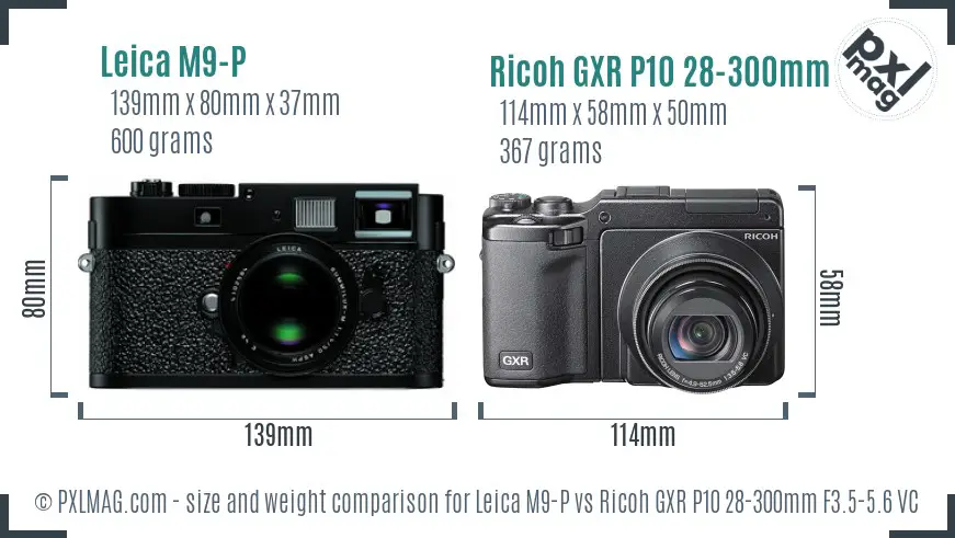 Leica M9-P vs Ricoh GXR P10 28-300mm F3.5-5.6 VC size comparison