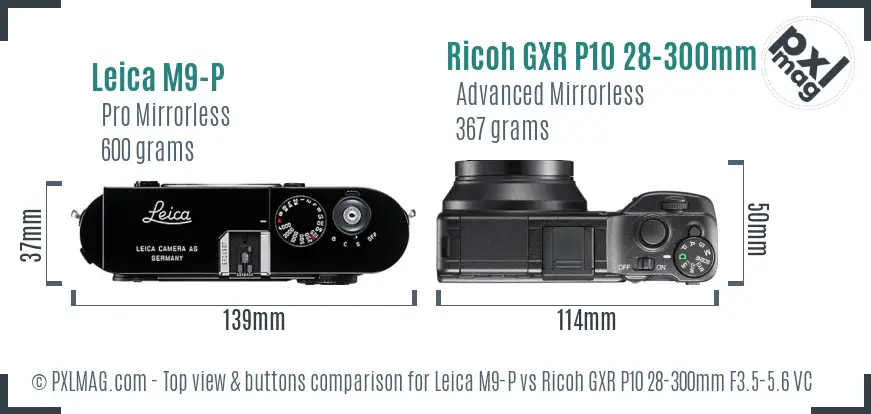 Leica M9-P vs Ricoh GXR P10 28-300mm F3.5-5.6 VC top view buttons comparison