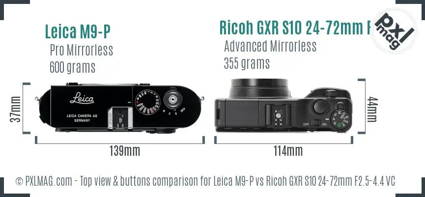 Leica M9-P vs Ricoh GXR S10 24-72mm F2.5-4.4 VC top view buttons comparison