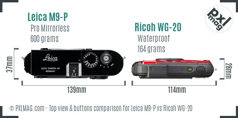 Leica M9-P vs Ricoh WG-20 top view buttons comparison