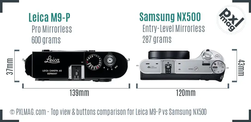 Leica M9-P vs Samsung NX500 top view buttons comparison