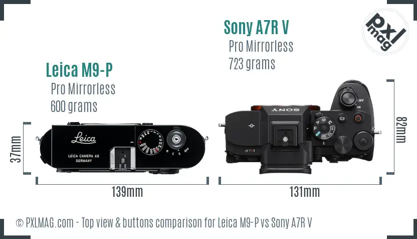Leica M9-P vs Sony A7R V top view buttons comparison