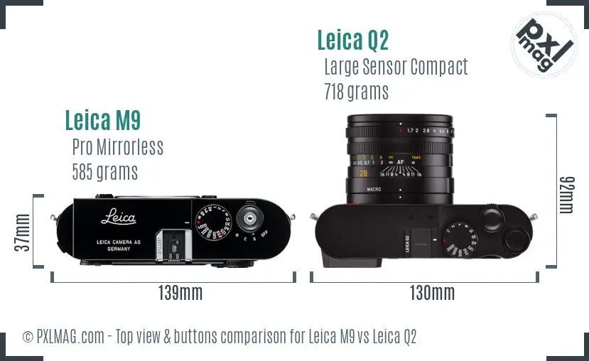 Leica M9 vs Leica Q2 top view buttons comparison