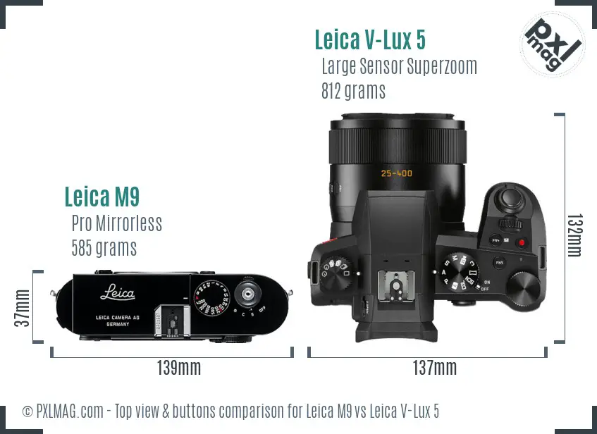 Leica M9 vs Leica V-Lux 5 top view buttons comparison