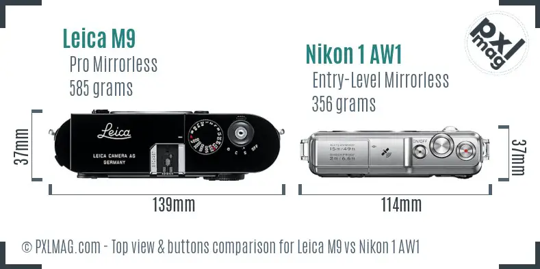 Leica M9 vs Nikon 1 AW1 top view buttons comparison