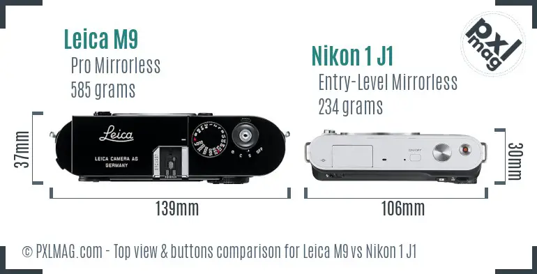 Leica M9 vs Nikon 1 J1 top view buttons comparison
