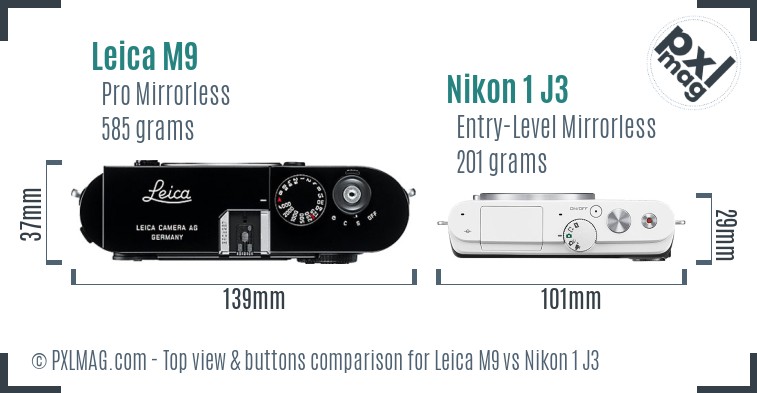 Leica M9 vs Nikon 1 J3 top view buttons comparison