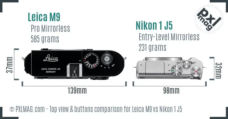Leica M9 vs Nikon 1 J5 top view buttons comparison Leica M9 vs Nikon 1 J5 top view buttons comparison