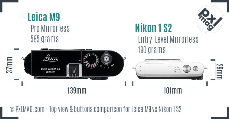 Leica M9 vs Nikon 1 S2 top view buttons comparison