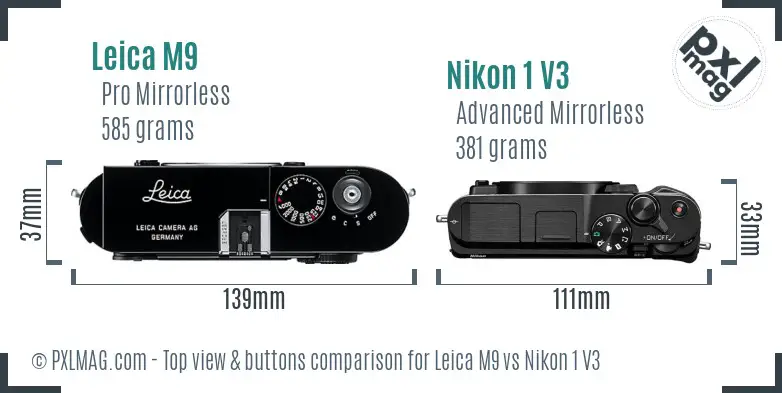 Leica M9 vs Nikon 1 V3 top view buttons comparison
