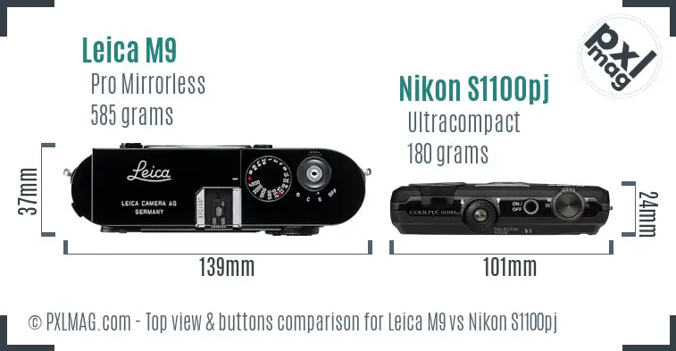 Leica M9 vs Nikon S1100pj top view buttons comparison