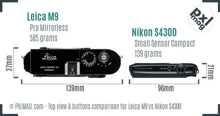 Leica M9 vs Nikon S4300 top view buttons comparison