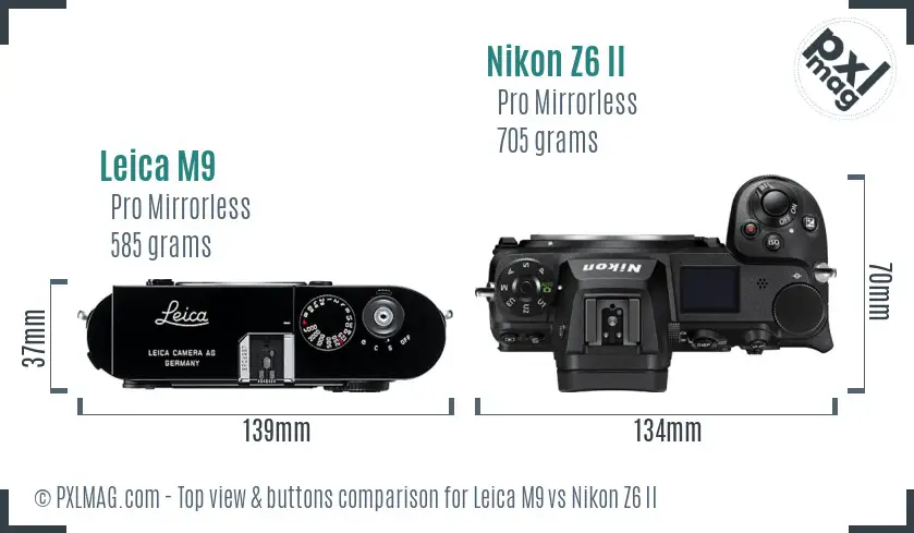 Leica M9 vs Nikon Z6 II top view buttons comparison