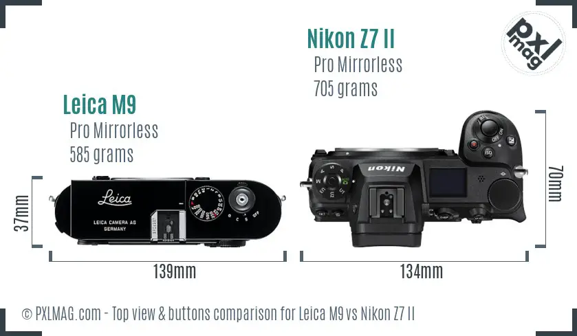 Leica M9 vs Nikon Z7 II top view buttons comparison