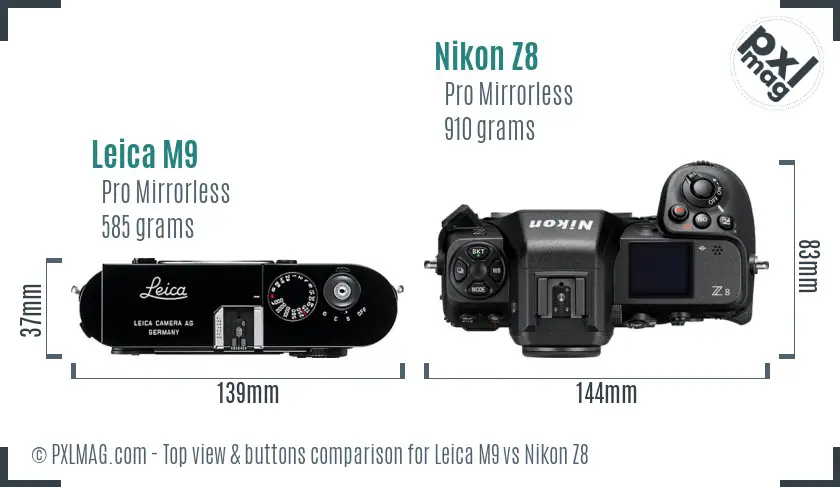 Leica M9 vs Nikon Z8 top view buttons comparison