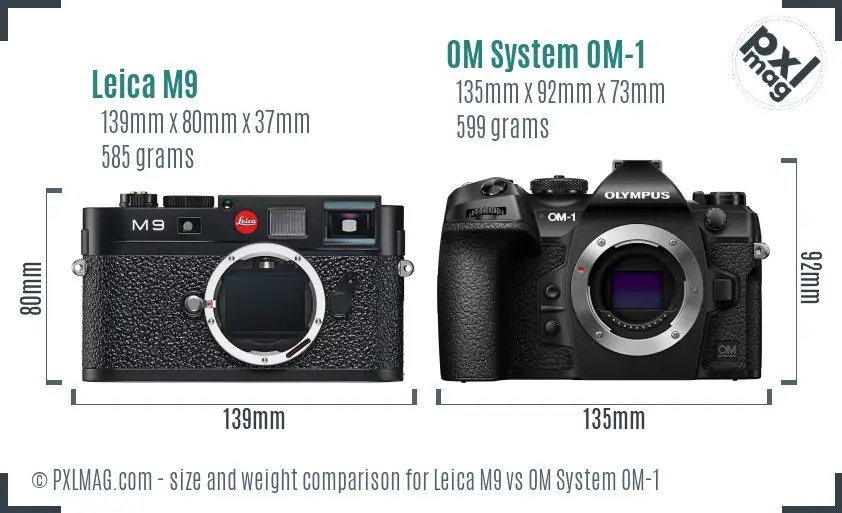Leica M9 vs OM System OM-1 size comparison