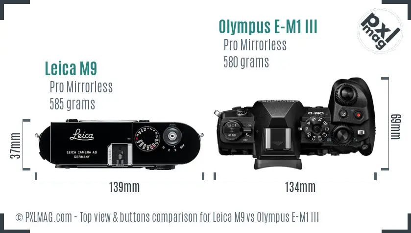 Leica M9 vs Olympus E-M1 III top view buttons comparison
