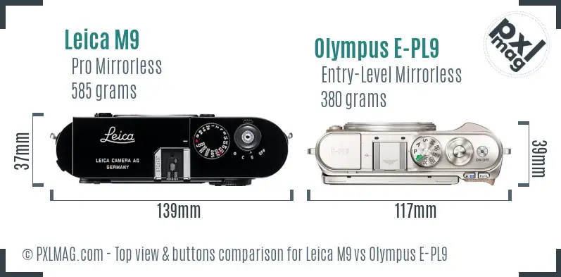 Leica M9 vs Olympus E-PL9 top view buttons comparison Leica M9 vs Olympus E-PL9 top view buttons comparison