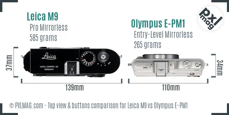 Leica M9 vs Olympus E-PM1 top view buttons comparison
