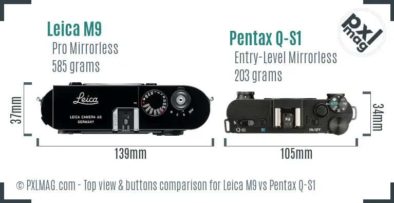 Leica M9 vs Pentax Q-S1 top view buttons comparison